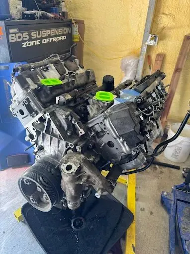 A V8 engine on an engine stand during a rebuild